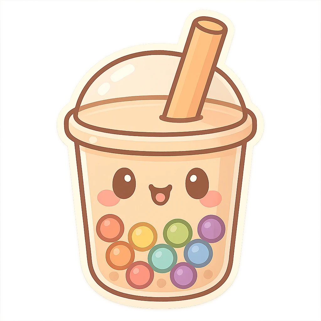 chibi sticker-style bubble tea with rainbow boba, cute and exaggerated emoji