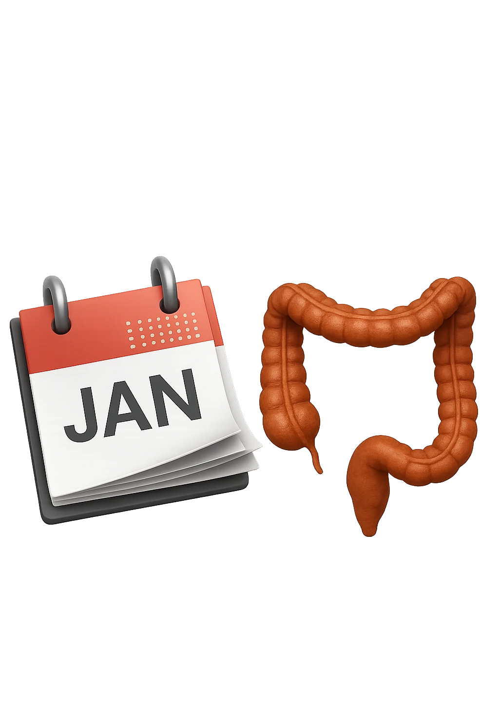 emoji stile iphone di un calendario con fogli che volano insieme a pezzi anatomici di colon umano, iperrealistico 4k, isolato su sfondo bianco emoji