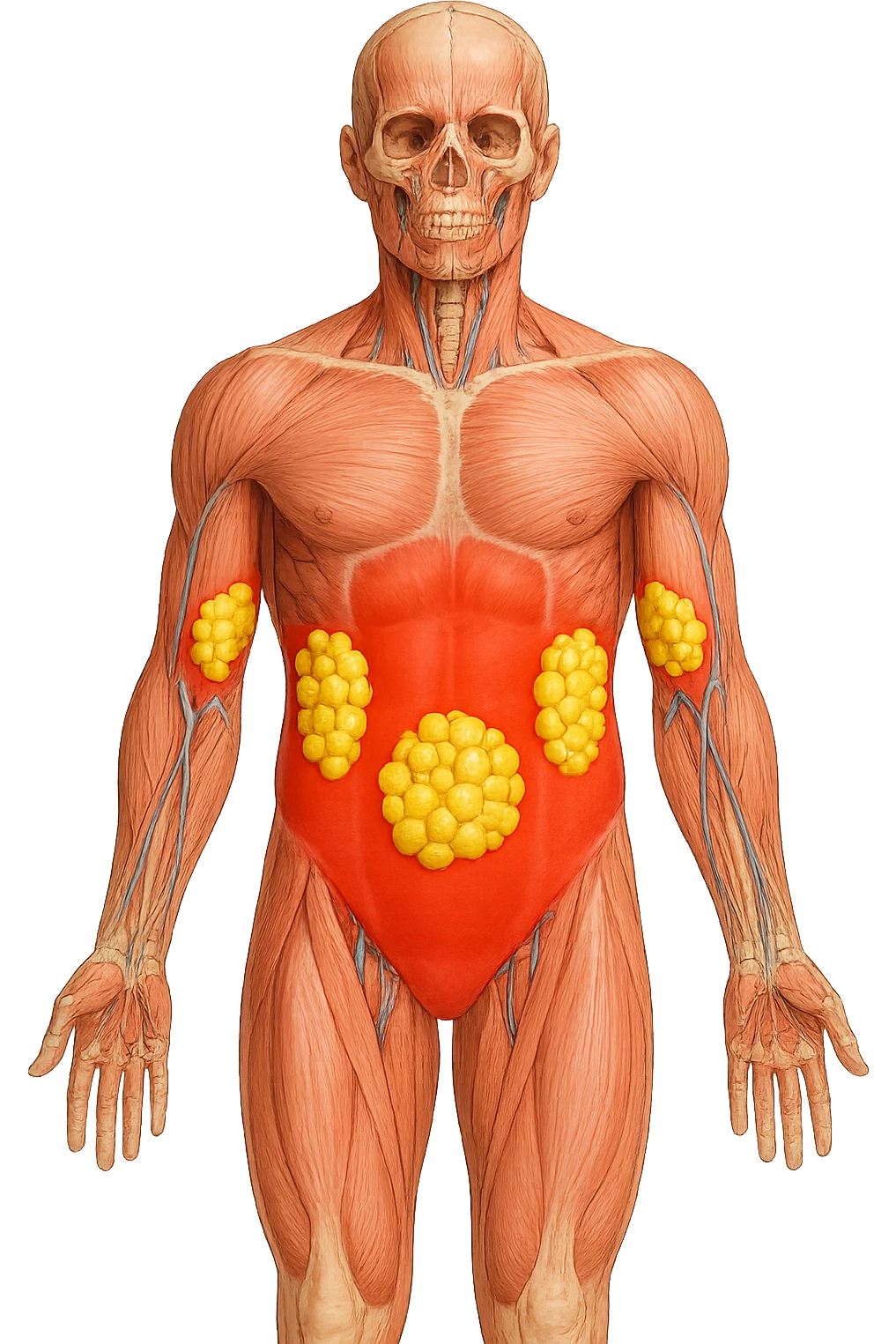 corpo umano anatomico con addome e fianchi segnati in rosso, grappoli di cellule adipose gialle su fianchi e addome emoji