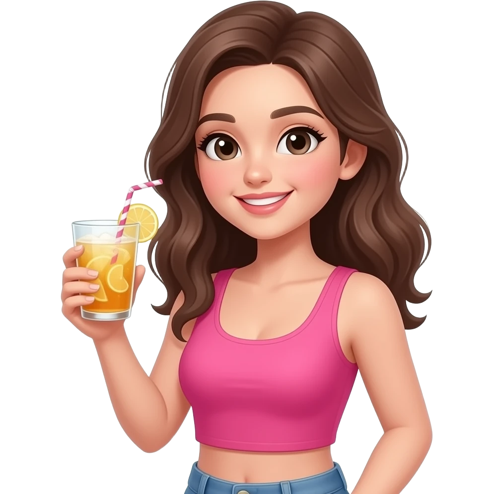 Pretty Happy girl in hot pink crop top and rich with drink in hand and is very beautiful emoji
