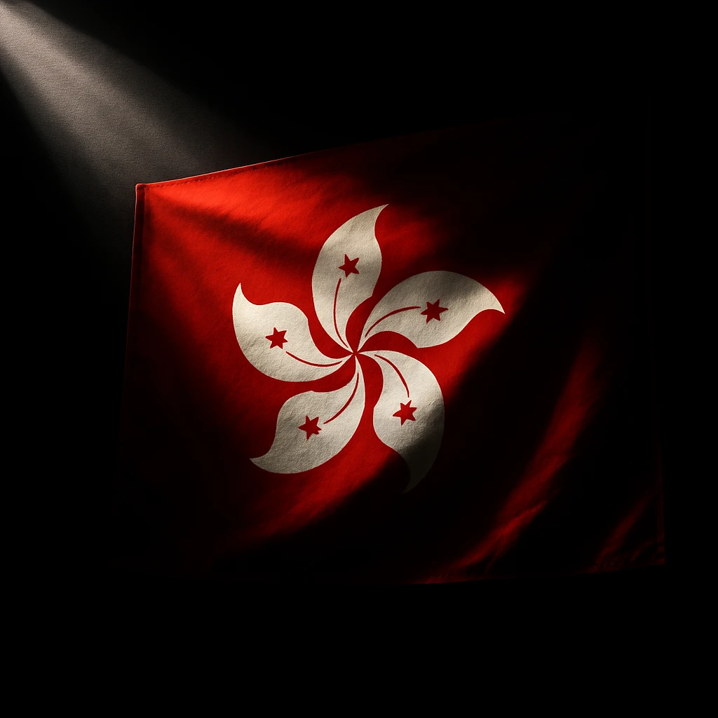 the flag of Hong Kong on a black background, with a ray of light shining over it, dramatic lighting, high contrast emoji