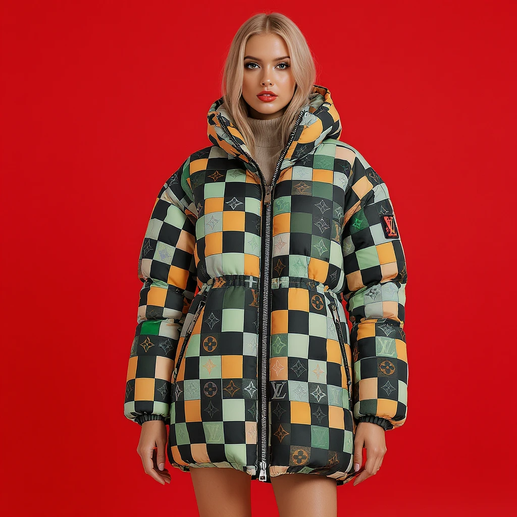 Photo of a woman dress in abstract (black orange green and blue) grid puffer Louis Vuitton jacket, red solid background, express body  emoji
