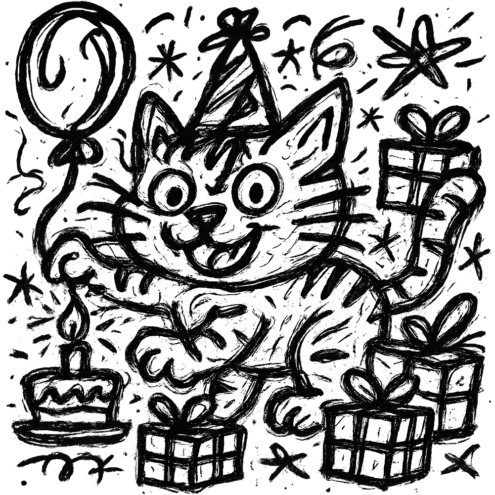 Add more gifts around the kitten, keeping the chaotic outlined style and all original elements intact emoji