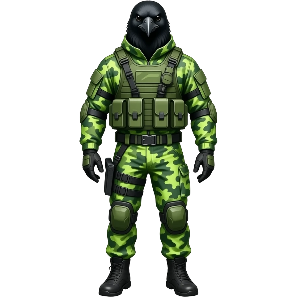 A Raven wearing bright green camouflage tactical gear emoji