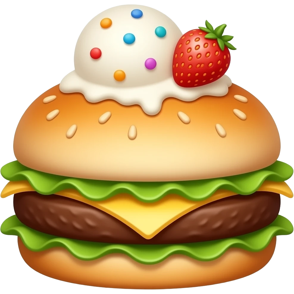 crie um hamburguer com uma bola de sorvete e um pequeno morango com granulado colorido em cima emoji