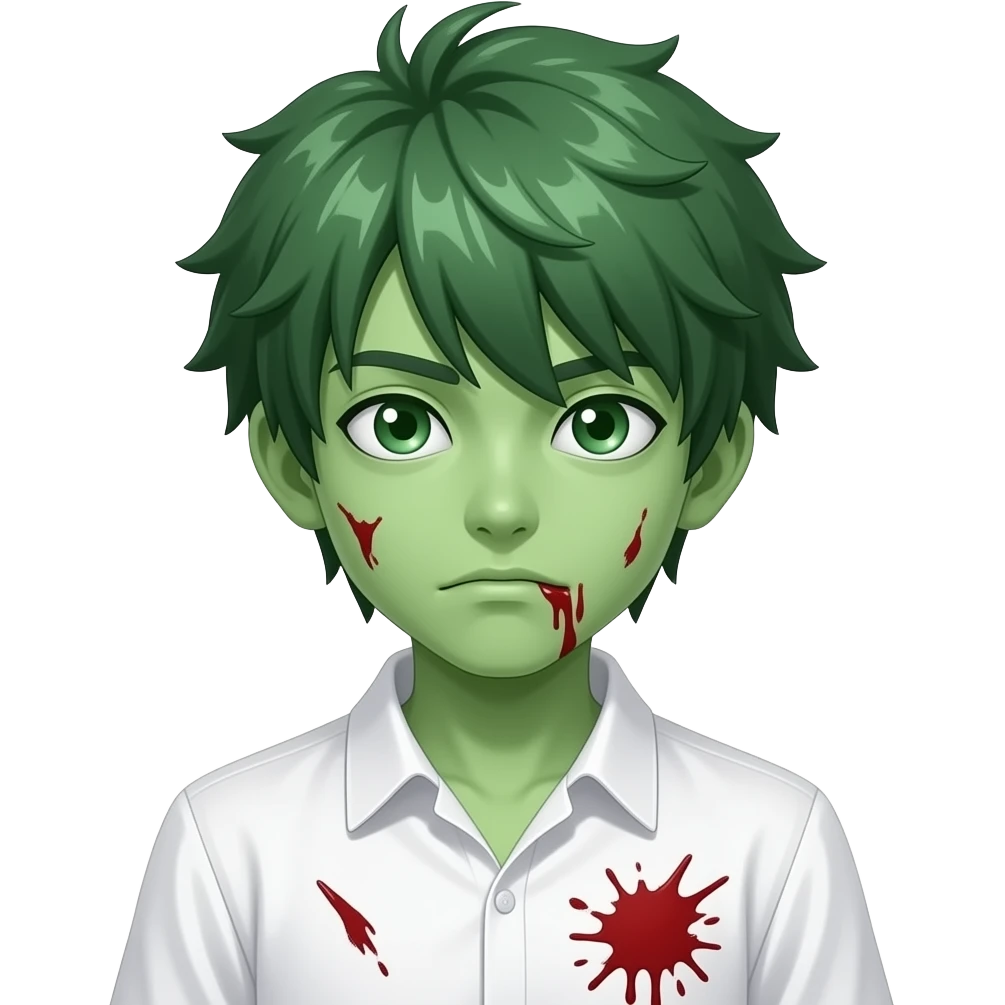 garoto zumbi japonês pele verde com cabelo com luzes brancas e com uma camisa branca com sangue emoji