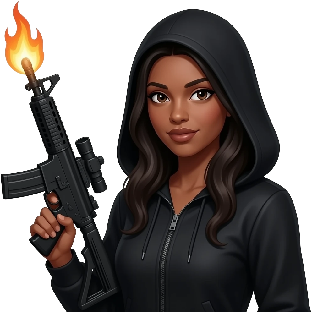 Muejer de tés medio morena vestida de negro y encapuchada de la cara con el pelo largo con un rifle con fuego bonita y arreglada emoji