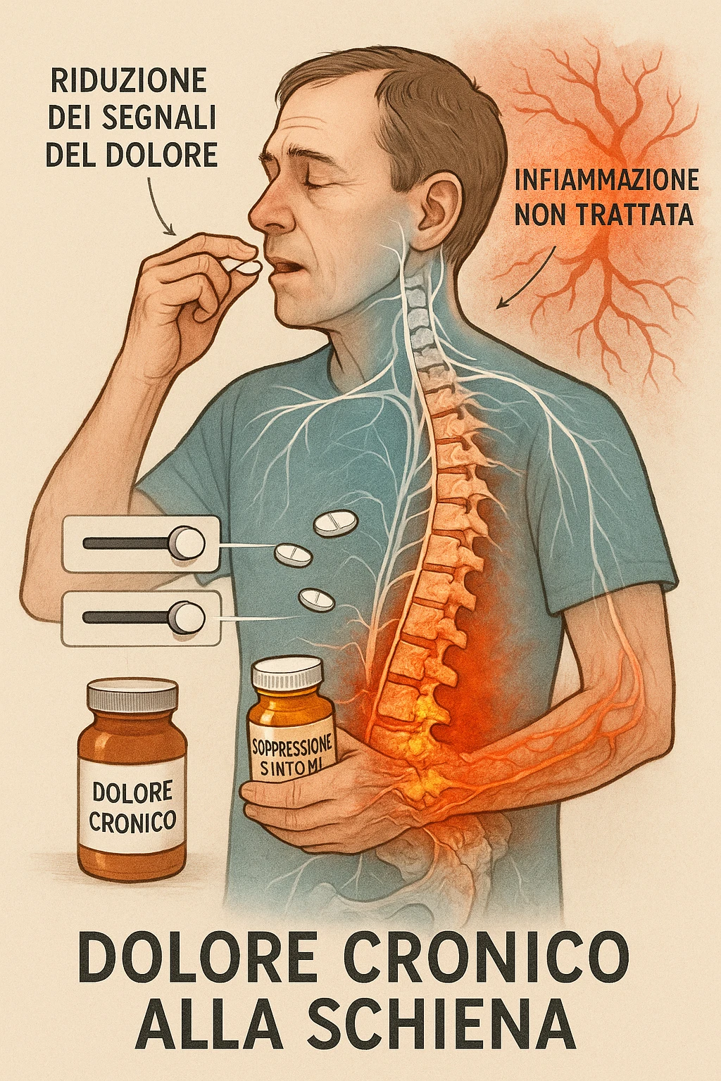 Man taking pain medication for chronic back pain, pills shown as dimmer switches turning down pain signals in transparent nervous system overlay, underlying spinal damage remaining completely untreated and worsening, expression of temporary relief masking progressive deterioration, medication bottle labeled 'symptom suppression' not 'cure', root cause inflammation continuing to spread in italiano emoji