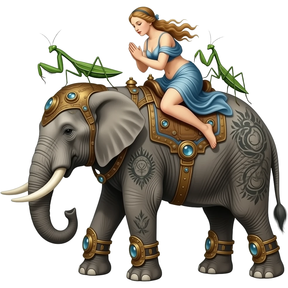 steampunk - a tattooed elephant with long legs, praying mantises from Salvador Dali's paintings carry Botticelli's ethereal Venus on its back emoji