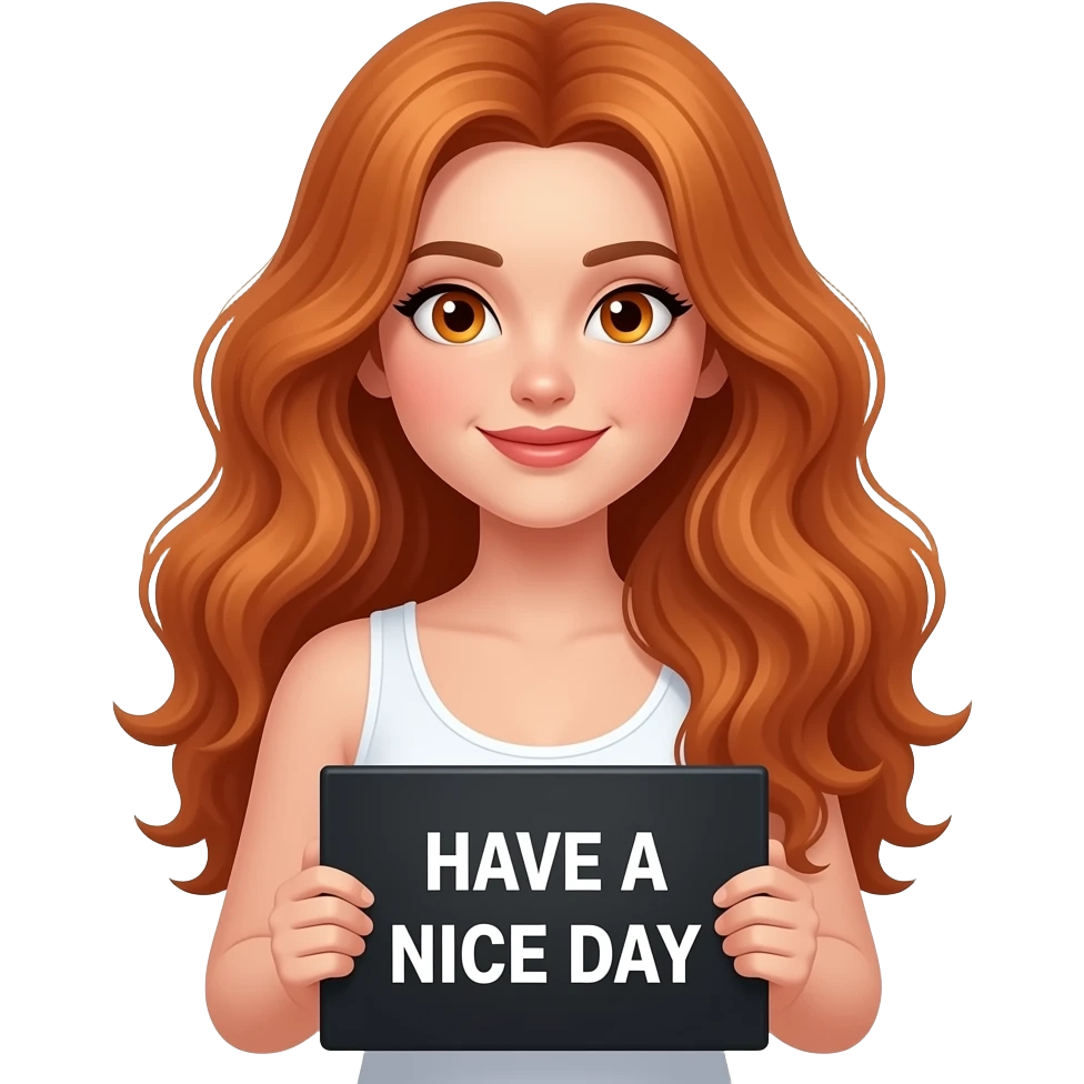sexy girl with long wavy ginger hair and ginger eyes wearing a white tanktop is holding a black colored sign with HAVE A NICE DAY written on it emoji