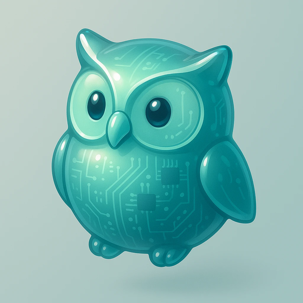 Windows Vista-style icon of an owl, with shiny surfaces, subtle reflections, soft blue-green color palette, gentle approachable expression, semi-realistic modern icon appearance emoji