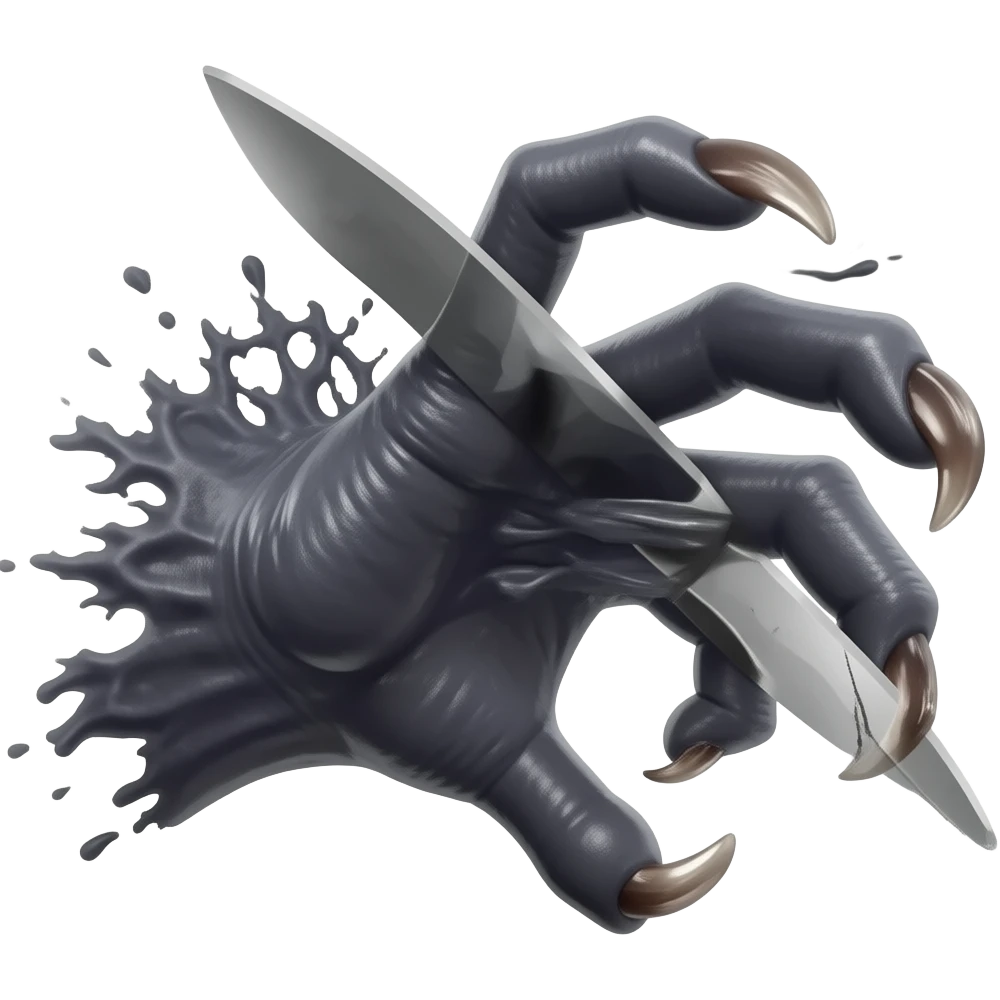 Long dark Demonic hand with sharp claws. Make the hand reach out to attack and slash towards the right of the image violently. Shift the perspective to a side profile to show the curvature and length of the claws more clearly. emoji