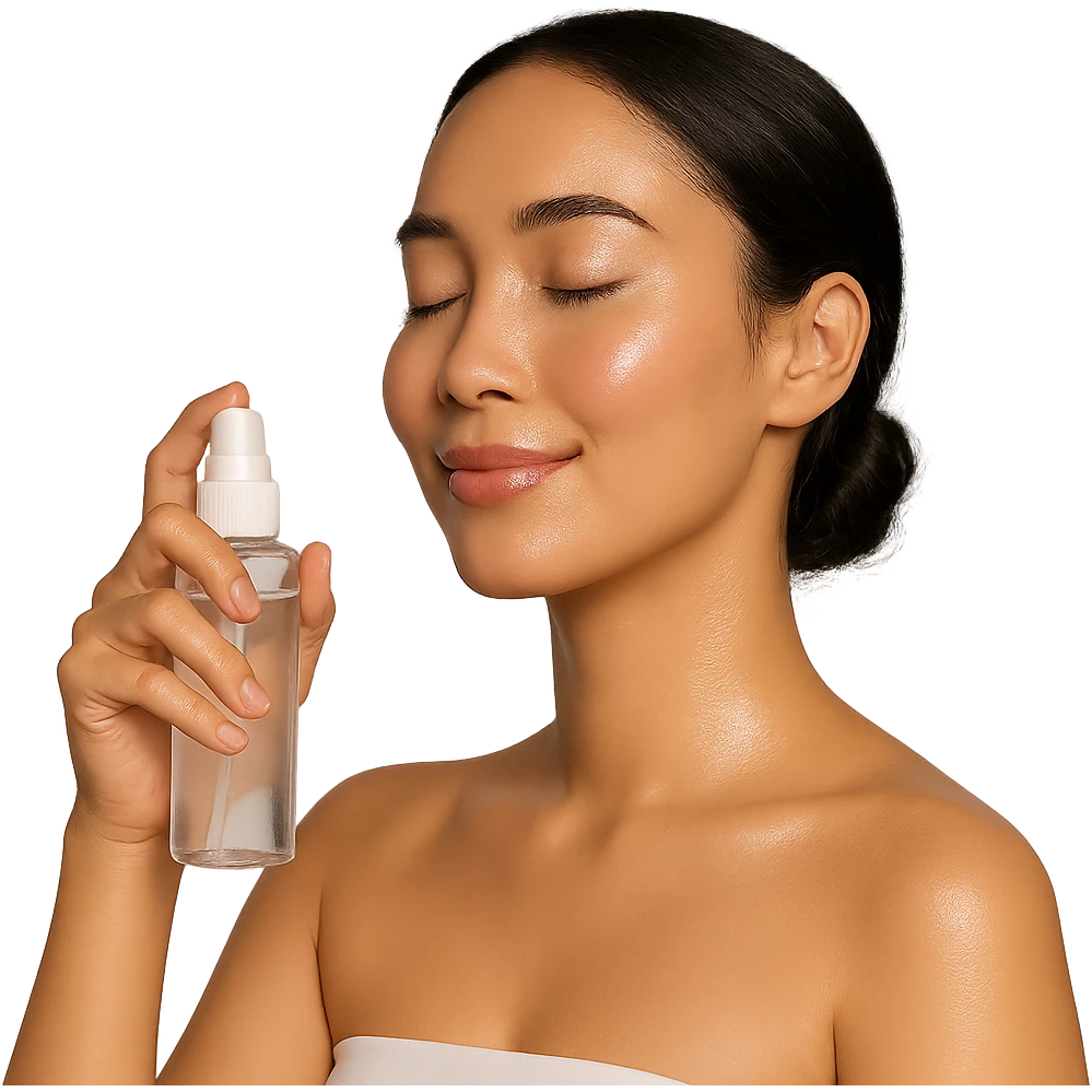 girl holding a face mist bottle, glowing skin, simple background, skincare vibe, beauty emoji