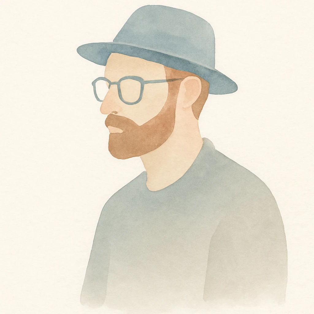 man with hat, beard, and glasses, watercolor art style emoji