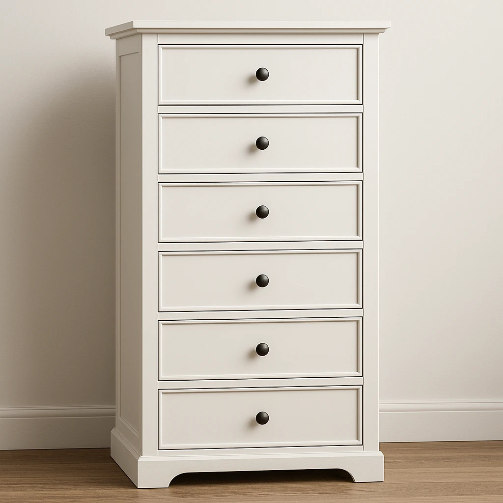 realistic white 6-drawer chest with one small black knob per drawer, stacked vertically, with depth and dimension emoji
