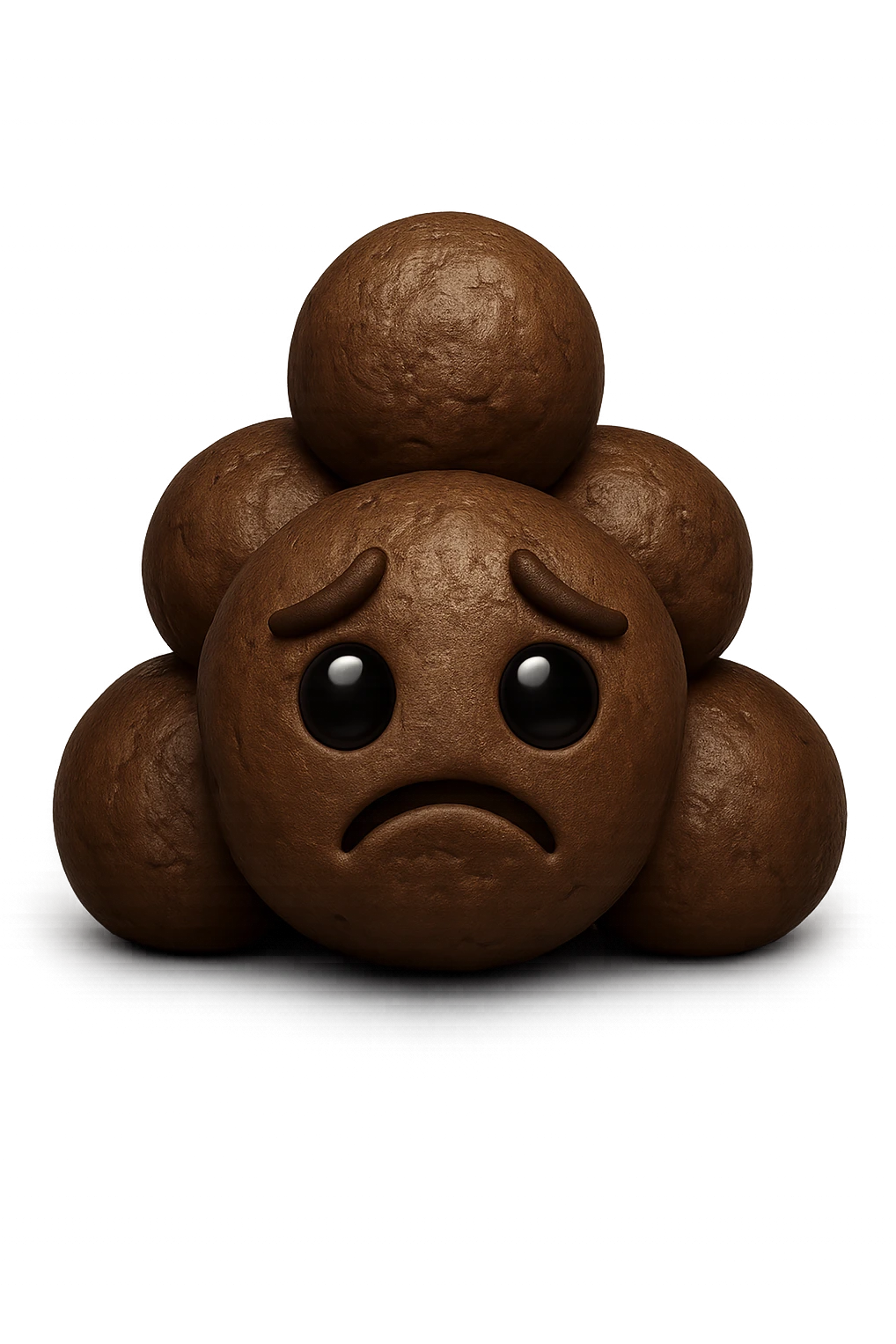 EMOJI STILE IPHONE 3D DI UNA MONTAGNETTA DI FECI A PALLINE CON ESPRESSIONE TRISTE, IPERREALISTICO 4K emoji