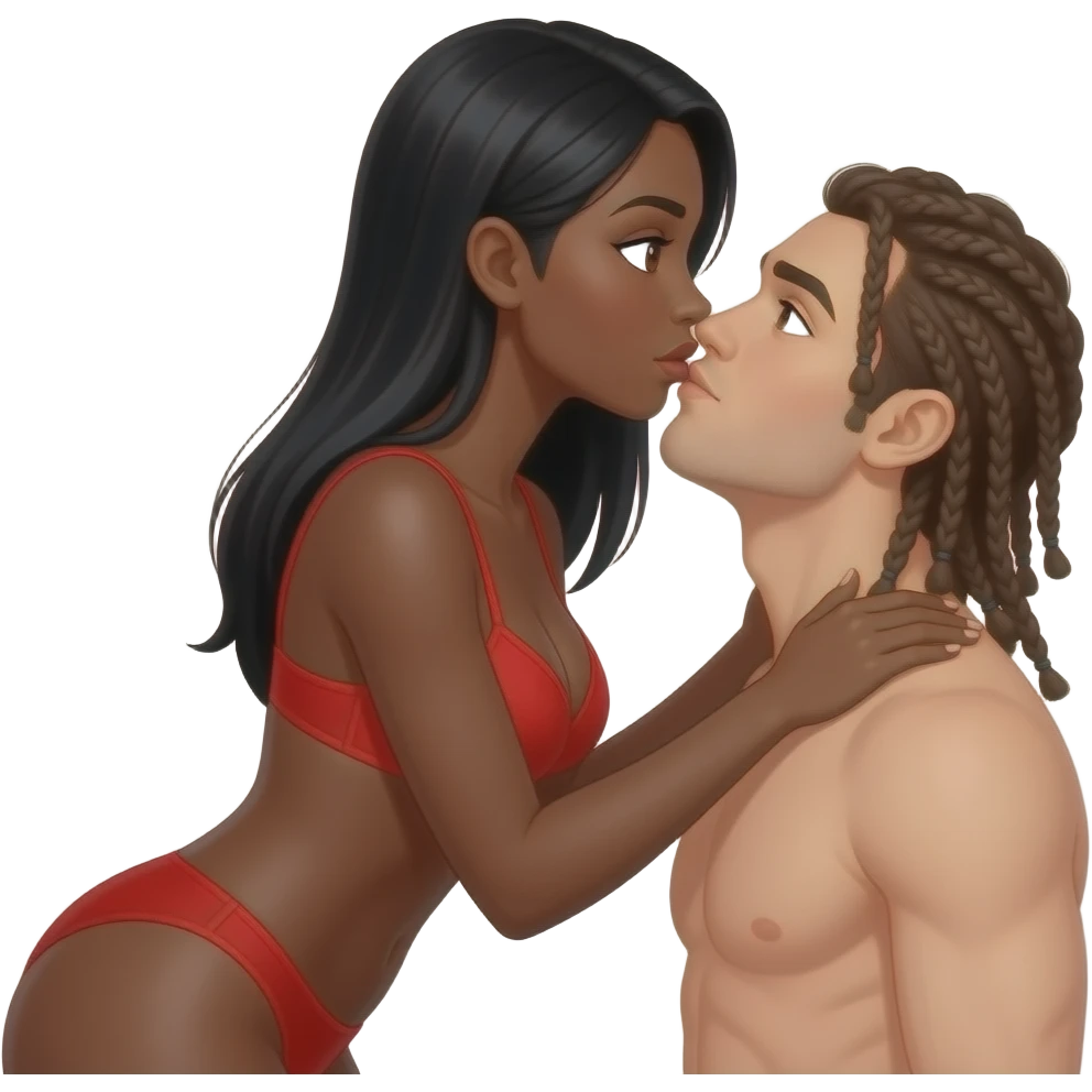 Lightskin black woman with brown eyes & long black straight hair wearing only a sexy red bra bent over having sex with a skinny white man with braids that come down to neck wearing nothing emoji