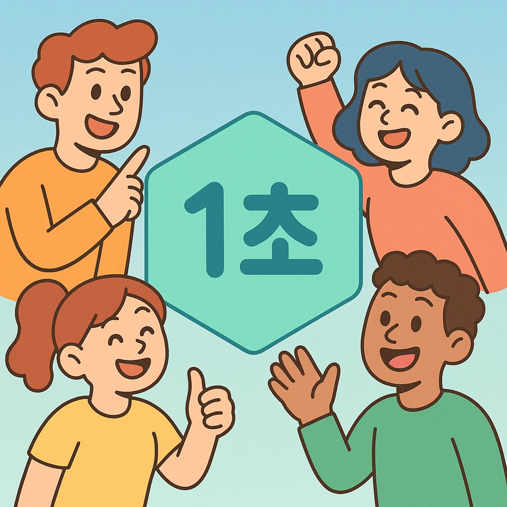 pastel turquoise hexagon, '1초' centered in a friendly rounded font, background is a gentle blue gradient, feels positive and motivating emoji