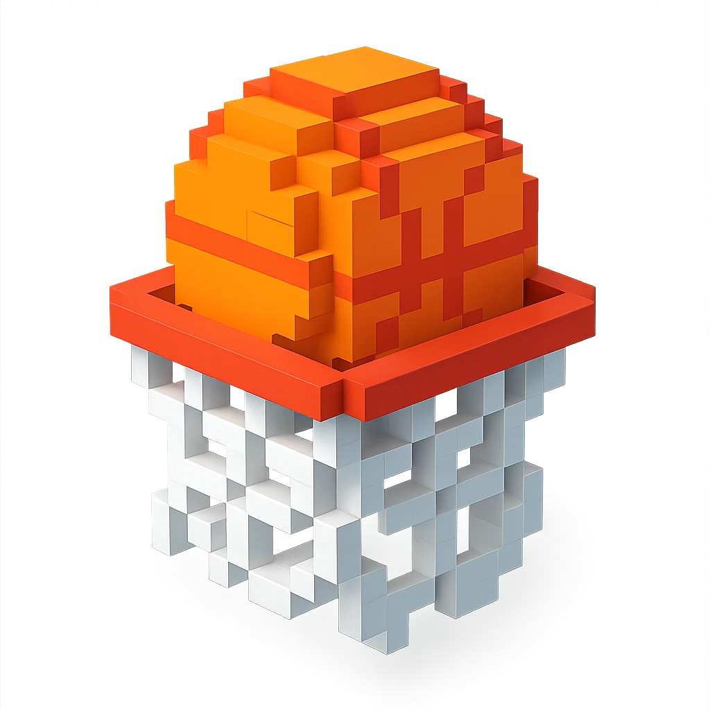A voxel-style basketball in a net emoji