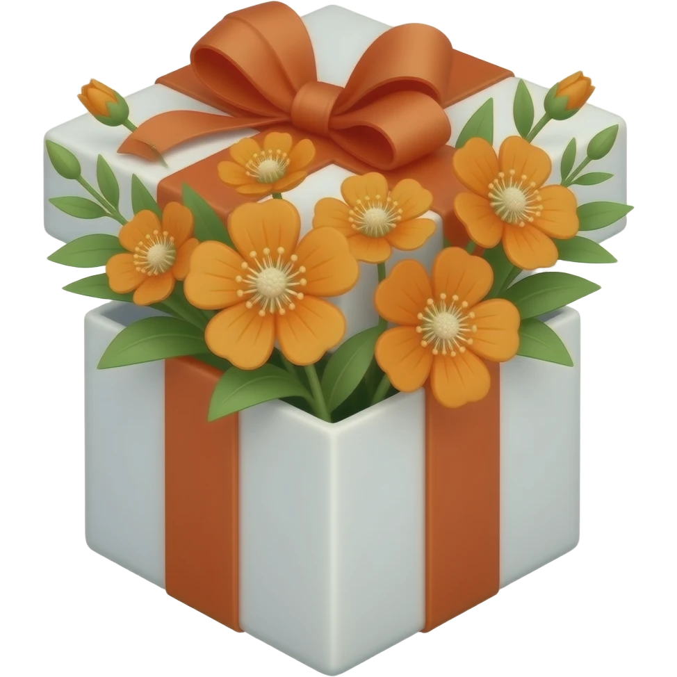 square gift box, no lid, spring orange flowers with green leaves protruding, flat style, soft shapes, emoji-like emoji