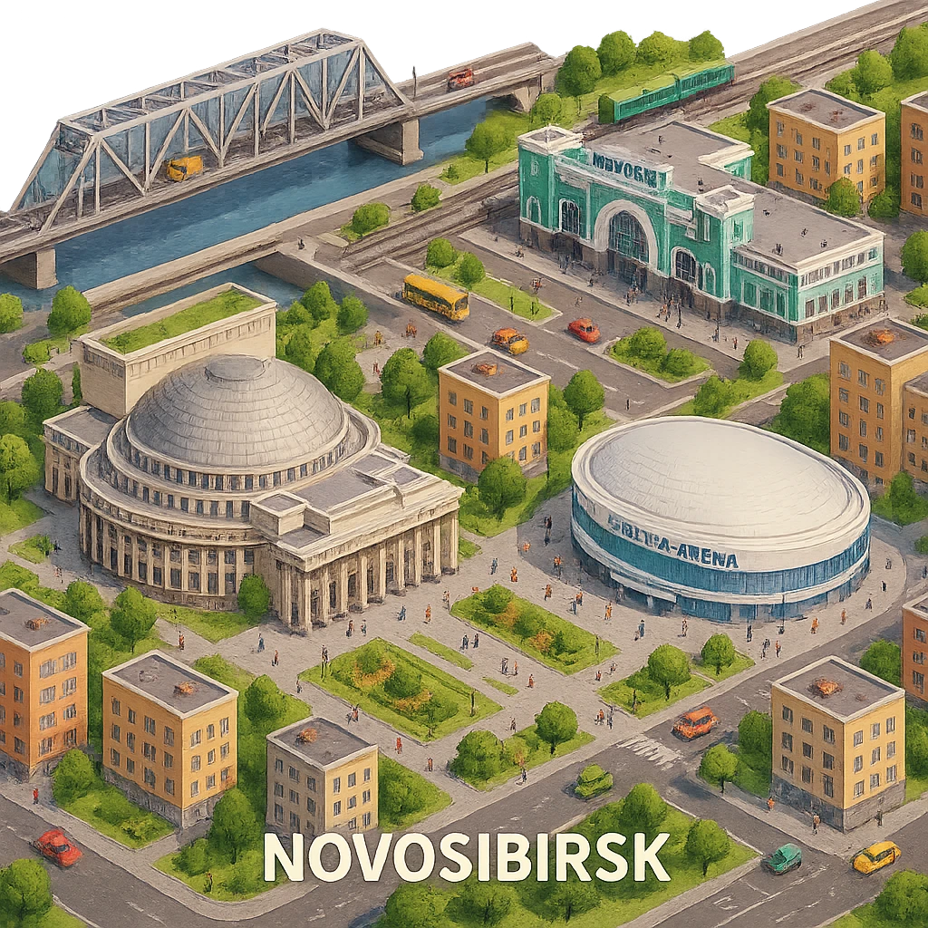 Изометричная миниатюрная фотореалистичная 3D модель Новосибирска - Опера, Вокзал, мост через Обь, фотореалистичная Сибирь-Арена, дома, четкая детализация, яркие цвета, мультяшный реализм, люди, автотранспорт, компактная композиция, вид сверху в изометрии, прозрачный фон emoji