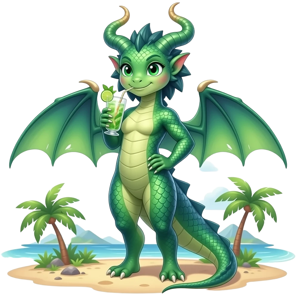 pixar lokking female dragonkin drinking mohito, full body visible emoji