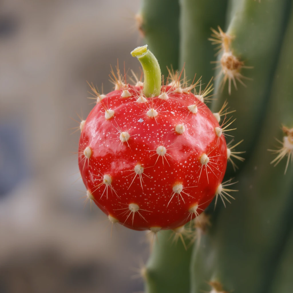 red round Stenocereus fruit with typical cactus spikes and small green stem realistic style isolated emoji