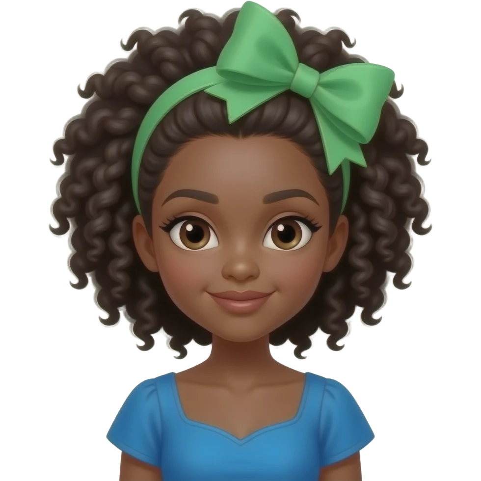 a afro girl with big green bow hair pin and wear a vibrant blue dress emoji