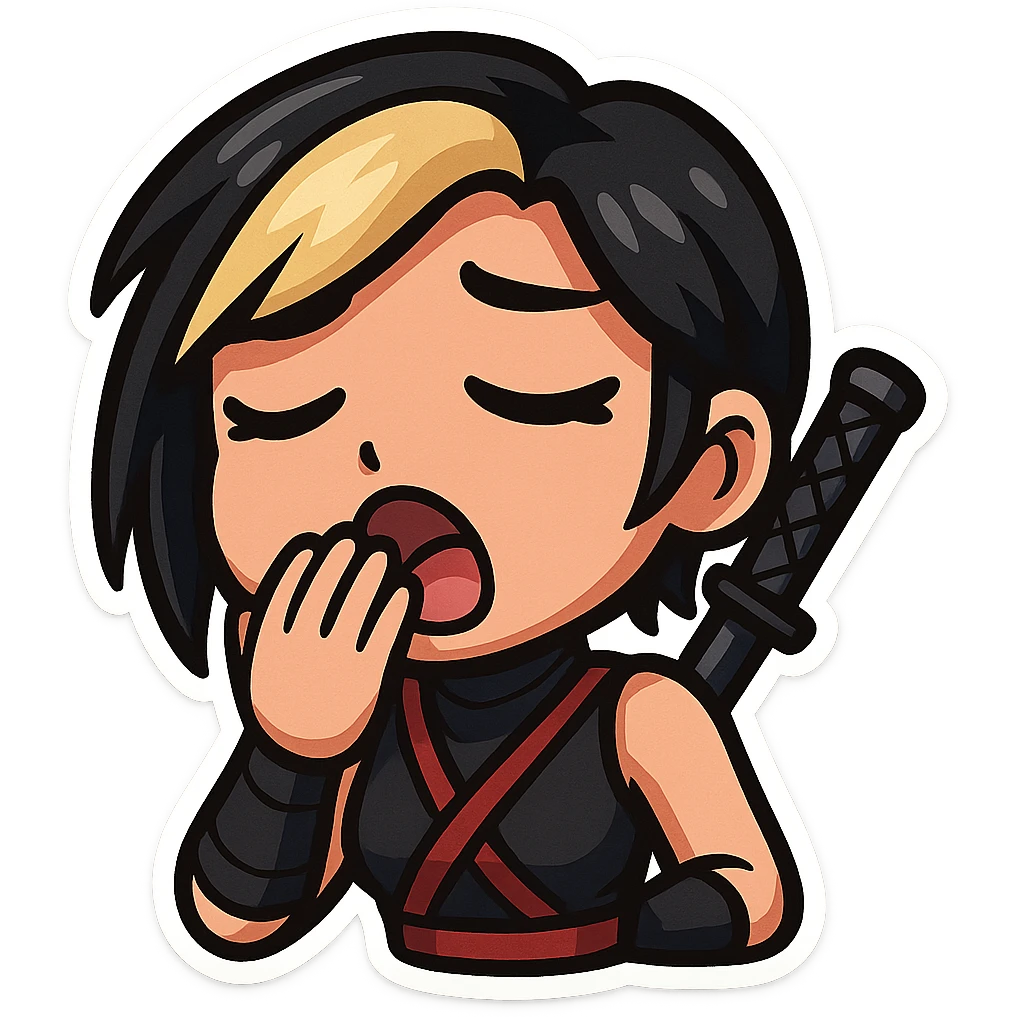 Sexy chibi ninja girl with black short hair and a blonde streak, only head and arms, colorful chibi style with bold outlines, transparent background, no mask, yawning face with droopy eyelids and hand covering mouth, sized for Twitch emoji use. emoji