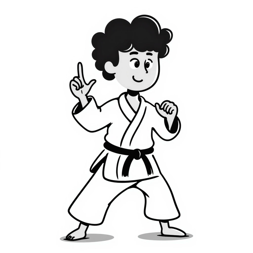 Kyokushin karateka in a white gi and black belt, ready stance, with 'osu' text visible in hand-drawn notion style emoji