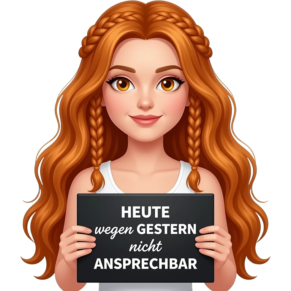 sexy girl with long ginger braids and ginger eyes wearing a white tanktop is holding a black sign with HEUTE wegen GESTERN nicht ANSPRECHBAR written on it emoji