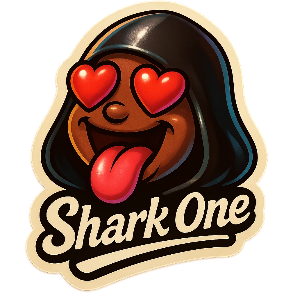 mouth open with tongue out
heart shaped eye
add the words “ Shark One " in White emoji