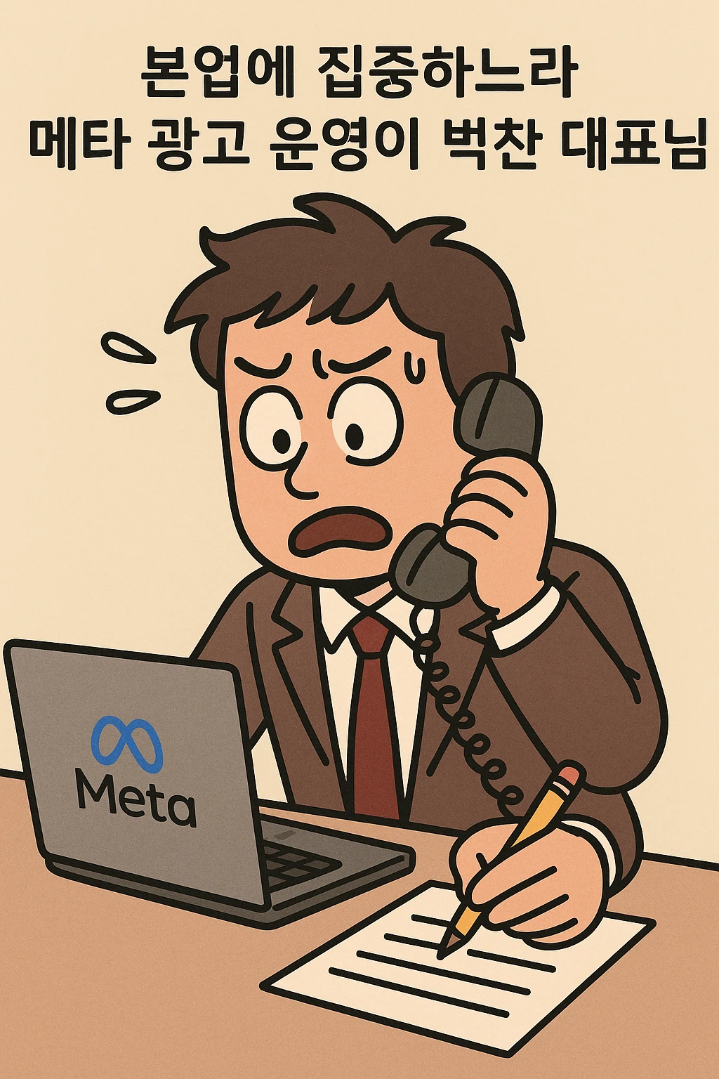 A business owner multitasking between core work and managing Meta ads, looking overwhelmed, in a clean, flat toon style, Korean text: '본업에 집중하느라 메타 광고 운영이 벅찬 대표님', minimal background emoji