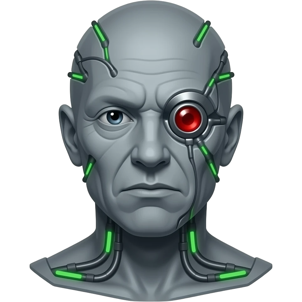 A borg from Star Trek -- a person with gray skin, wire coming out of their skin in places, one of their eyes replaced with a red lens, green accent lights on the implants emoji