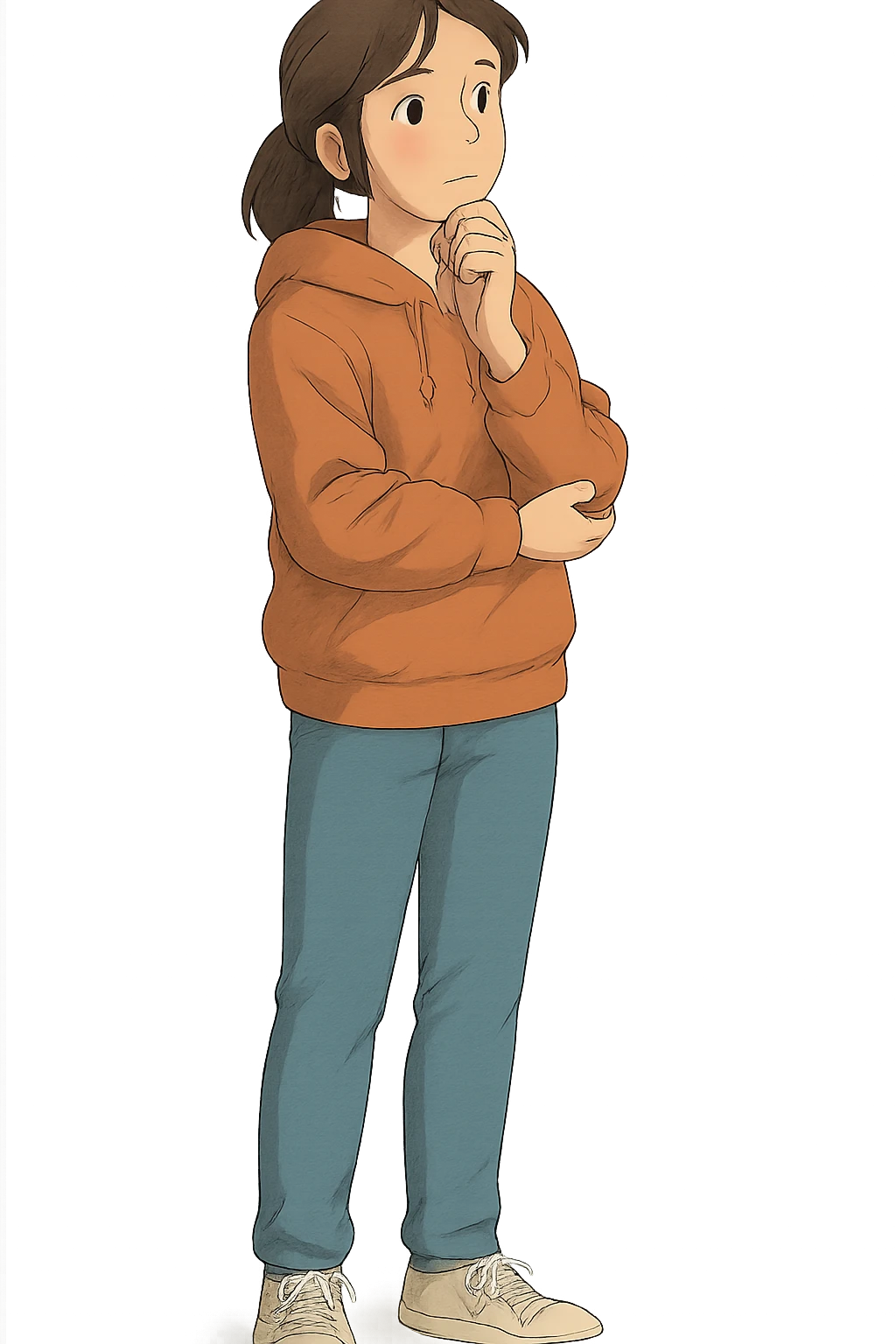 A full body image of a modern calm female teenager in a hoodie and jeans thinking emoji
