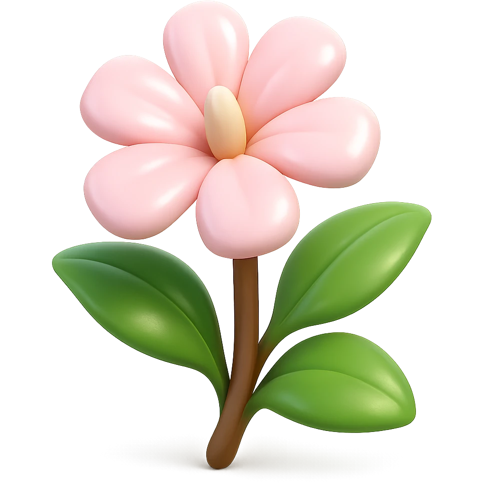 Create a 3D iOS-style cartoon soapwort (Saponaria) flower with exaggerated cute pale pink petals and big green leaves. The flower should have playful proportions, soft lighting, and a glossy effect. No background, and do not include a face or smile. Style should be in the GPT Image style as requested. emoji