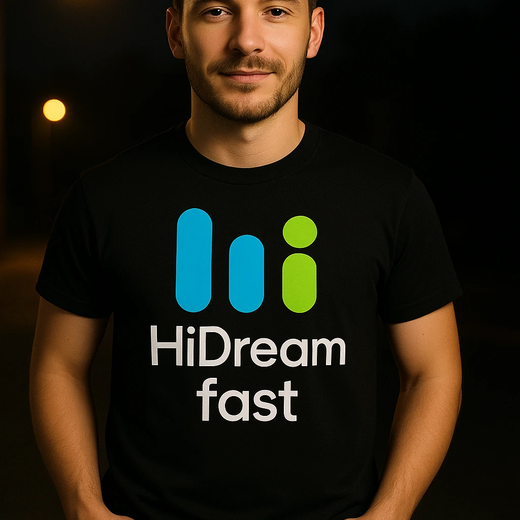 man wearing tshirt with this logo, dark night background with dim , add fast below logo emoji