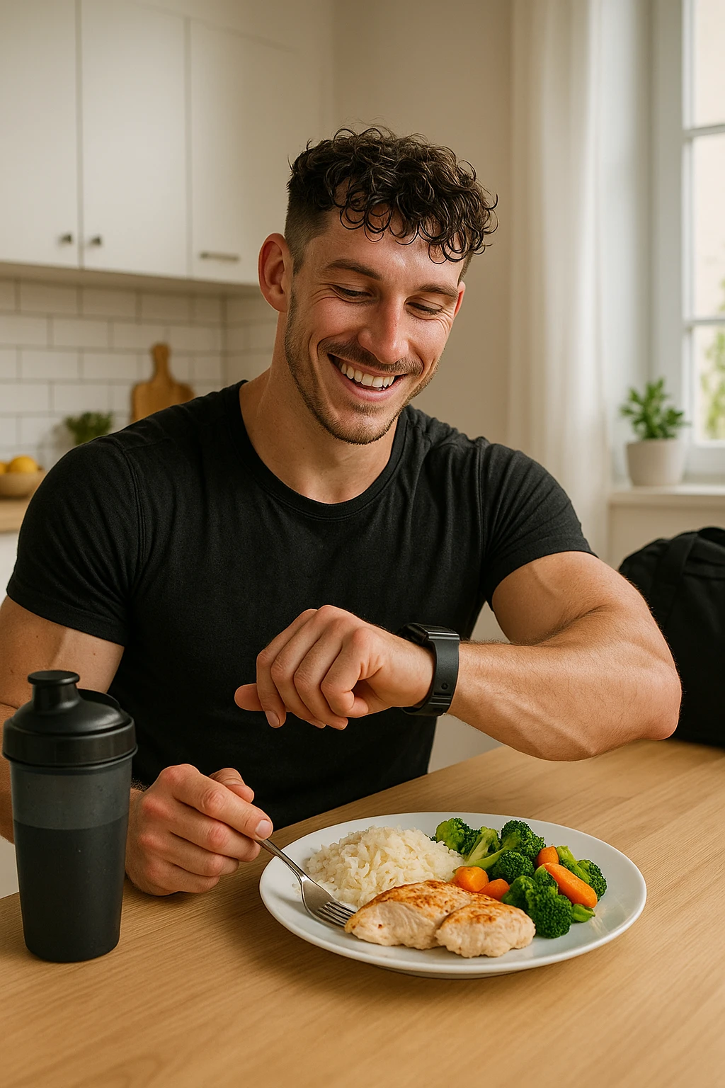 a fit man in his 30s, still in gym clothes and slightly sweaty, sits at a kitchen table right after a workout. In front of him is a balanced meal with a generous portion of rice, pasta, or potatoes, along with lean protein and vegetables. He checks his watch or a fitness app, smiling with satisfaction as he times his post-workout meal. The background is a bright, modern kitchen, with a shaker bottle and gym bag visible. in italiano emoji