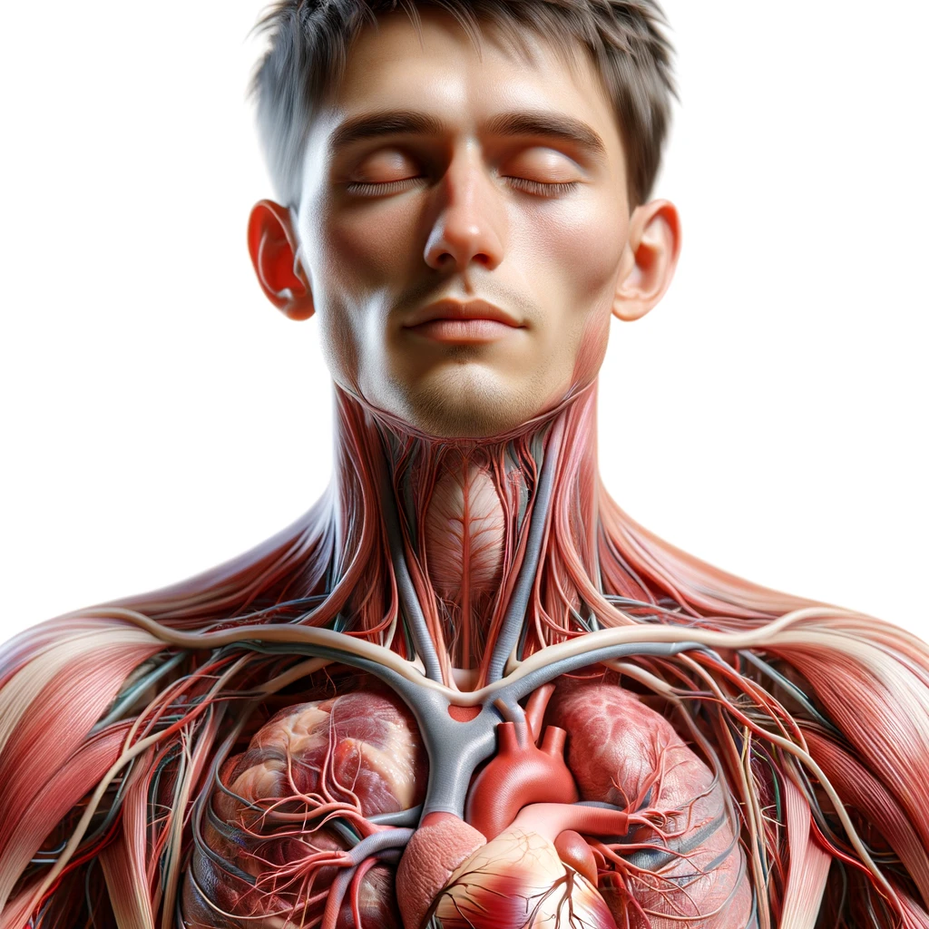 corpo umano anatomico con capelli corti in perfetta salute con gli occhi chiusi ed espressione serena a figura intera, cuore e organi in evidenza, iperrealistica 4k, isolato su sfondo bianco emoji