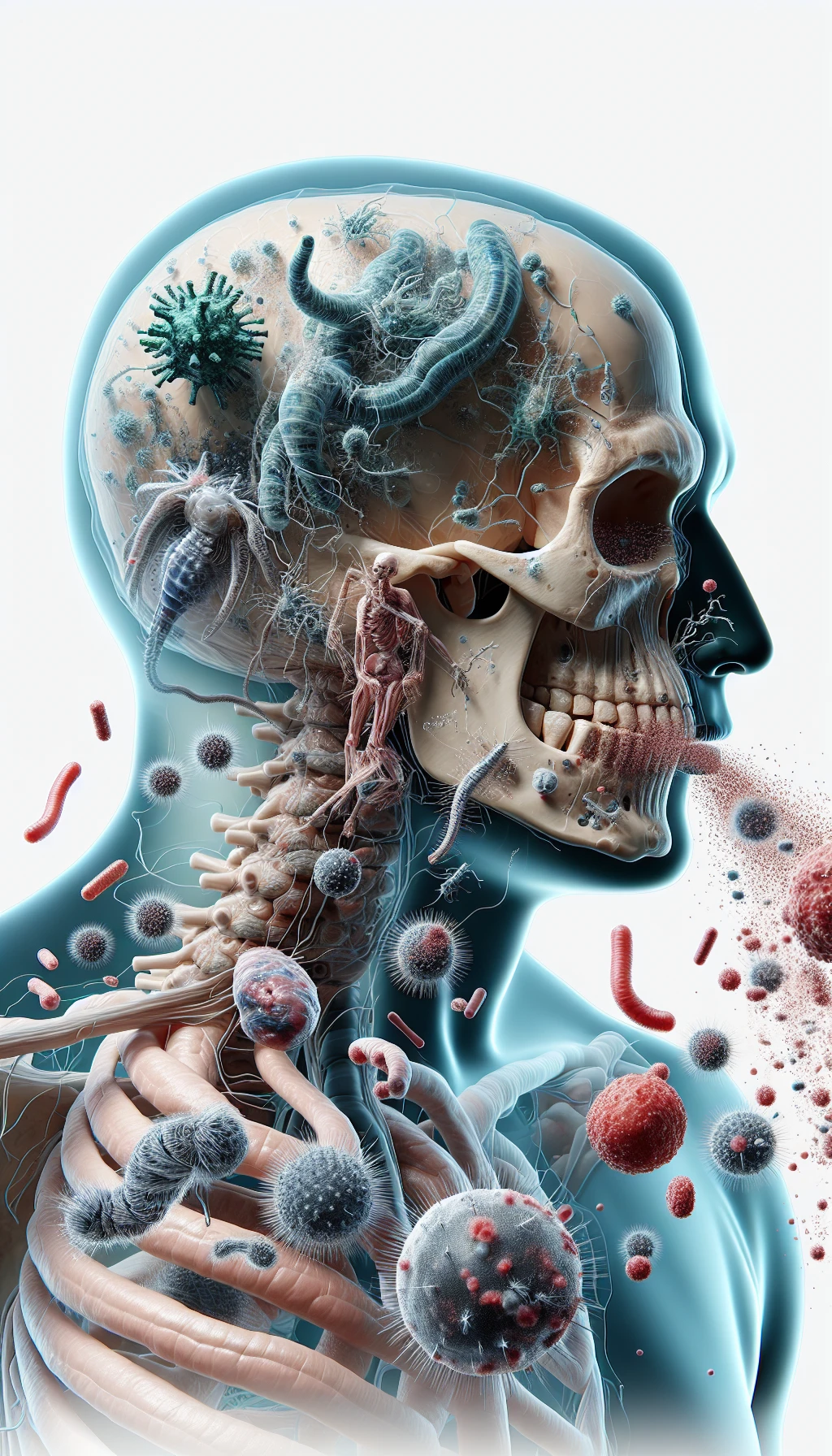 corpo umano anatomico di profilo con virus e parassiti che cercano di attaccarlo , isolato su sfondo bianco, iperrealistico 4k emoji