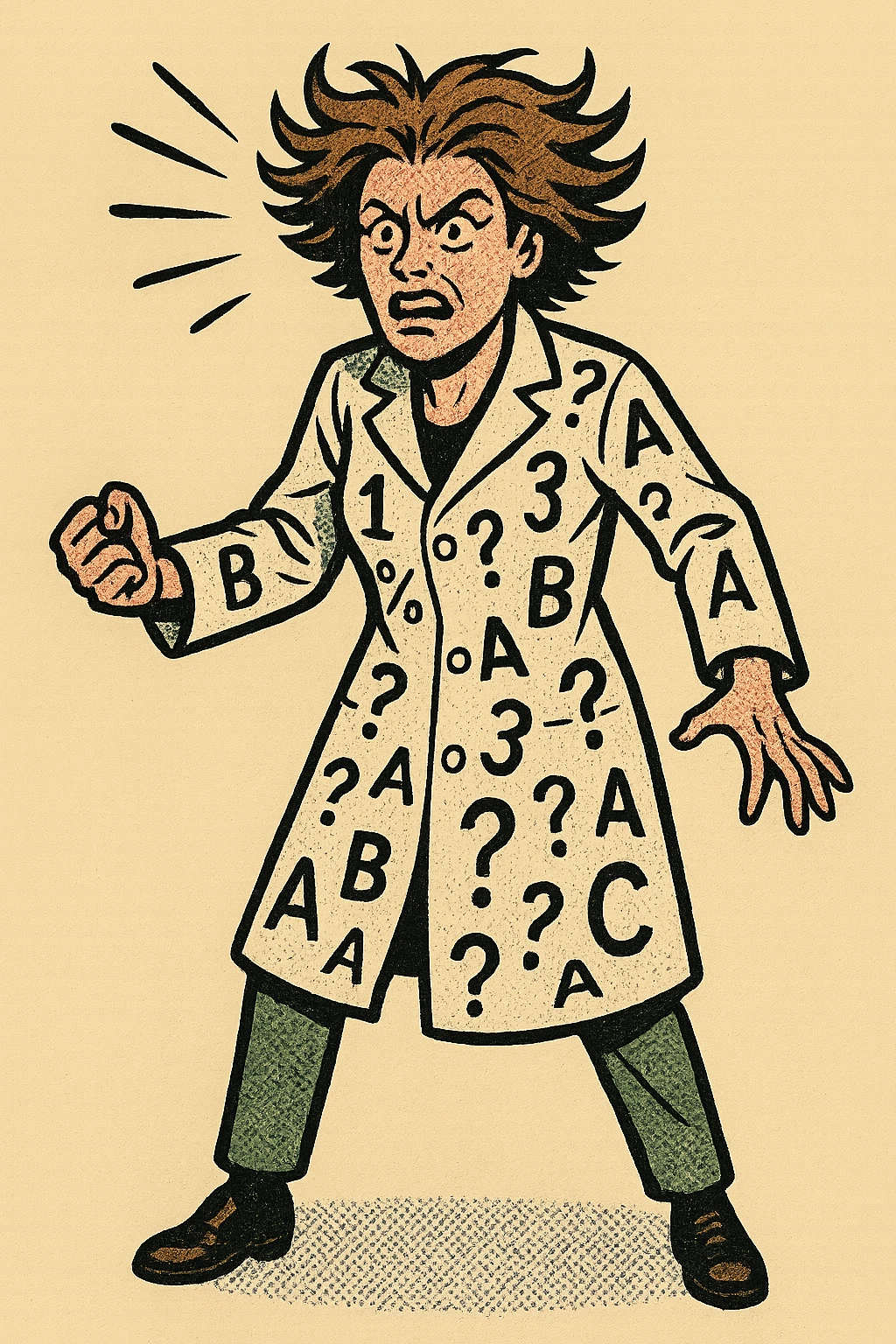 The full body of A mad female scientist with numbers, question marks and letters printed all over their white coat emoji