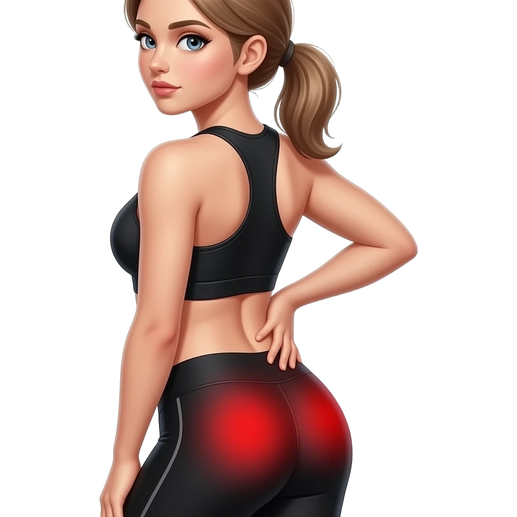 glute pain, full red glow covering the entire glute and hip area, side pose, woman touching hip and glute area, fair-skinned woman, gray-blue eyes, ash brown brows, ash light brown hair tied back, slim athletic body, black workout set emoji