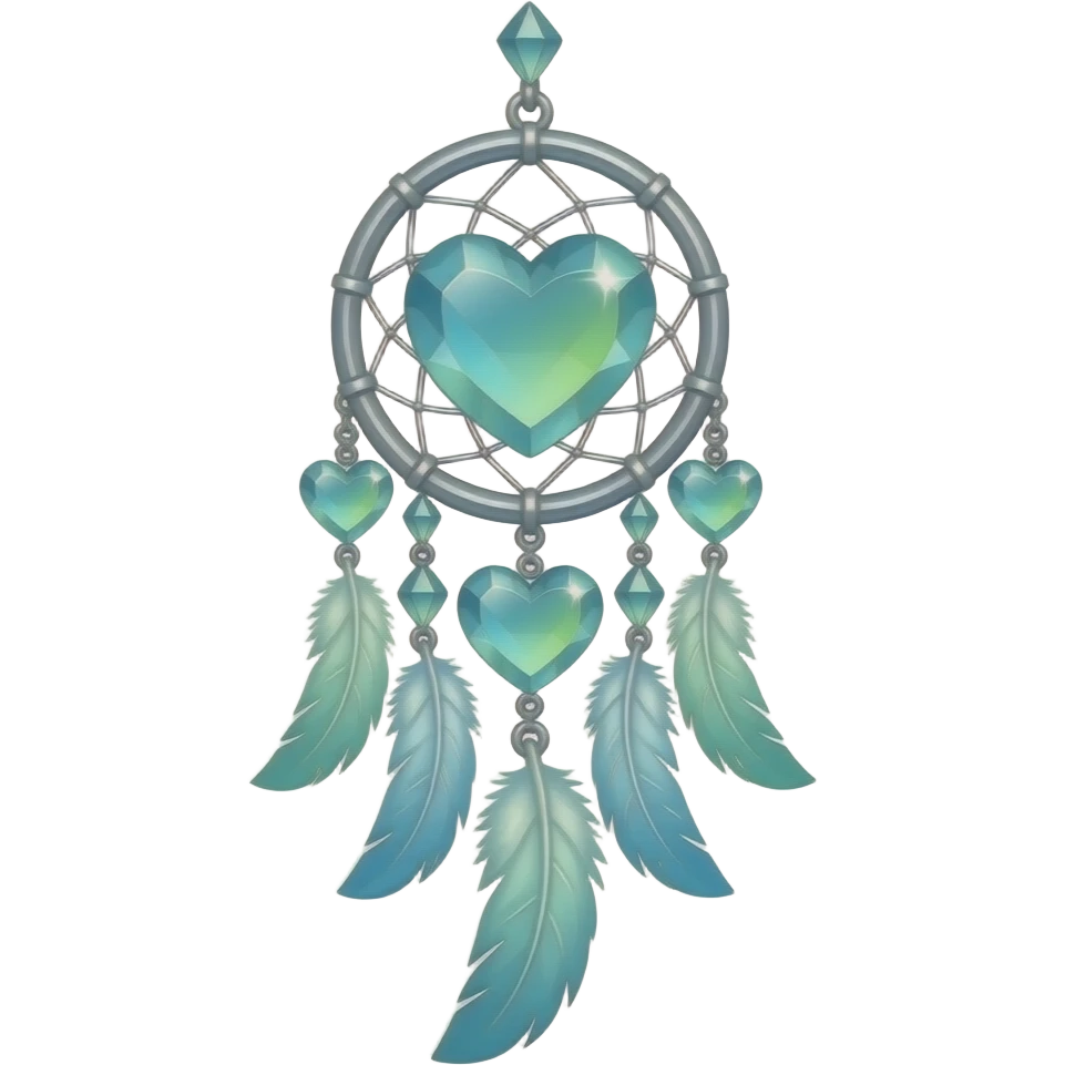 Blue-lime-greenish and silver cold-cool-colored romantic lush beautiful pretty hanging crystal-catcher aesthetic with hearts and sparkles and feathers emoji