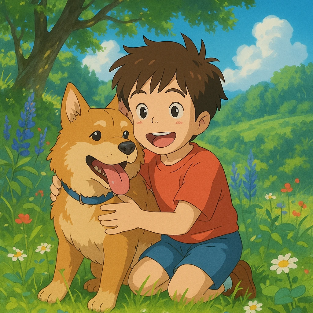 kid and his pet dog in studio ghibili style emoji