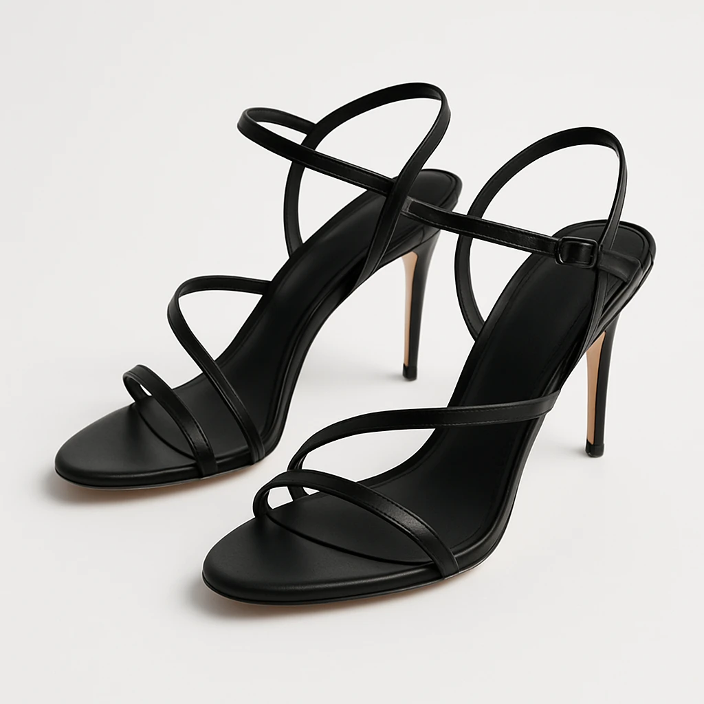 a pair of strappy stiletto heels, fashionable, minimalistic, on a white background emoji