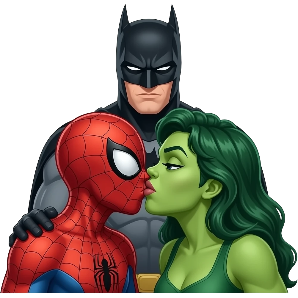 Spider man and hulk woman kiss kiss creepy, batman behind her. bust size view emoji