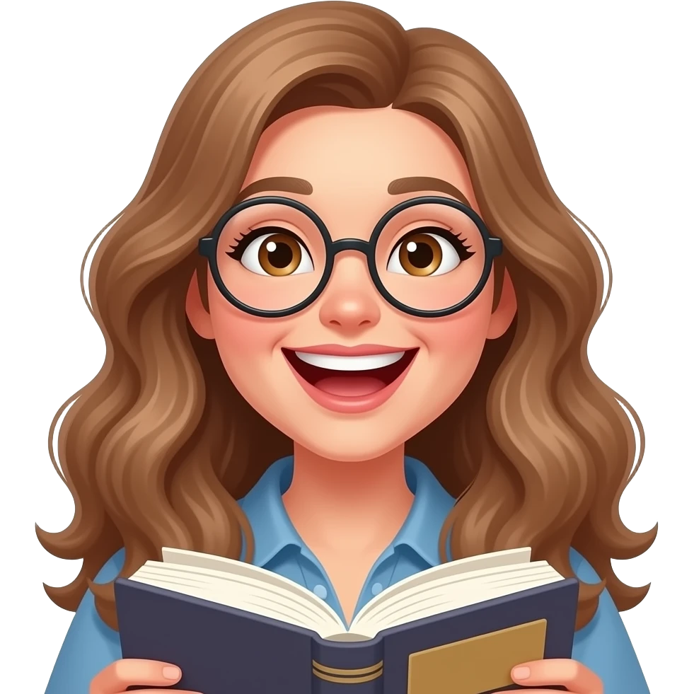 detailed emoji illustration of a curvy woman with long light brown wavy hair, light brown eyes and round glasses laughing uncontrollably, holding a book, playful april fools vibe, big smile and laughing expression, cute emoji style emoji