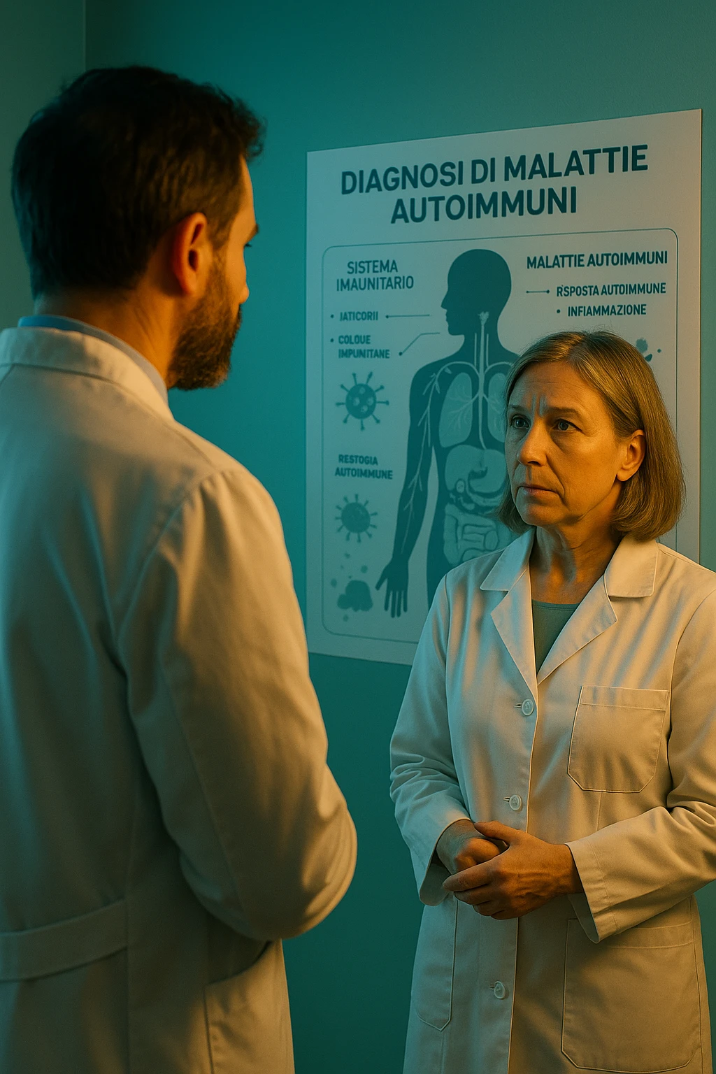 Foto tutta in italiano Realistic, detailed photo taken from behind of one doctor e un paziente —a bearded man and a middle-aged woman—standing and facing each other as they discuss an autoimmune disease diagnosis in front of a medical chart that displays information about the immune system and autoimmune conditions. The scene is illuminated by a yellowish, orange, warm light that softly envelops the doctors. The entire room is bathed in a single green-blue color, creating a cohesive and modern atmosphere. Both doctors wear white coats, and their body language suggests a serious, professional conversation about the complexities of autoimmune diseases. Shot with a Canon EOS R5, with high detail and natural depth of field. scritto in italiano emoji