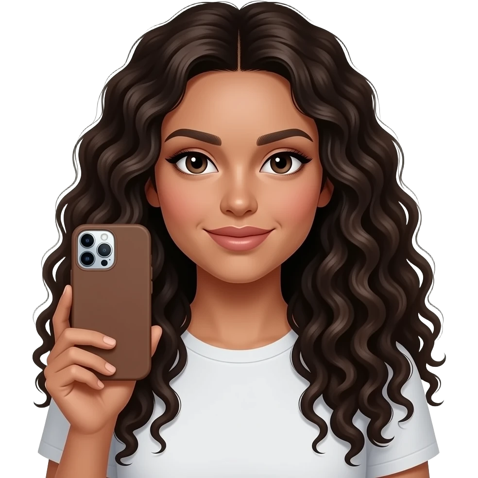 A curly long dark brown almost black hairhaired girl 28 years old dark brown color hair holding an silver iPhone 15 pro max with a solid and silicon brown Casetify case emoji