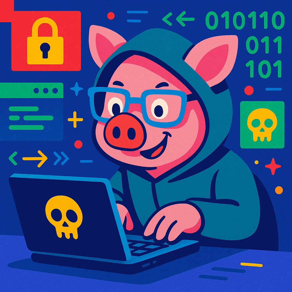 a pig as a hacker, wearing glasses, typing on a laptop, digital style, vibrant toon, colorful, detailed emoji